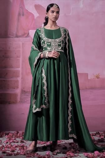 Chinon silk embroidery sequins work fullstitched gown with koti and dupatta     elegant ethnic wear set
