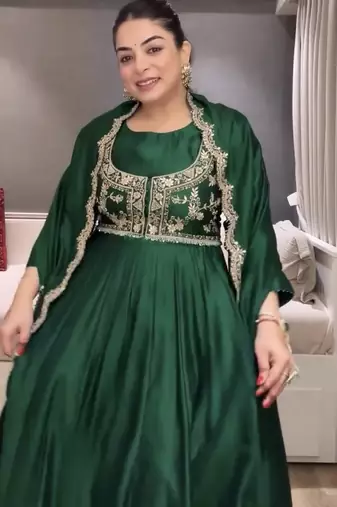 Chinon silk embroidery sequins work fullstitched gown with koti and dupatta     elegant ethnic wear set