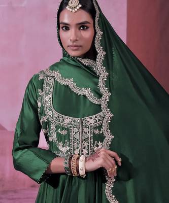 Chinon silk embroidery sequins work fullstitched gown with koti and dupatta     elegant ethnic wear set 1
