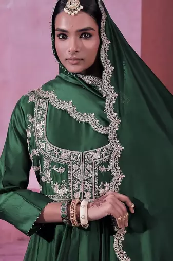 Chinon silk embroidery sequins work fullstitched gown with koti and dupatta     elegant ethnic wear set