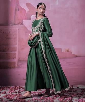 Chinon silk embroidery sequins work fullstitched gown with koti and dupatta     elegant ethnic wear set 5