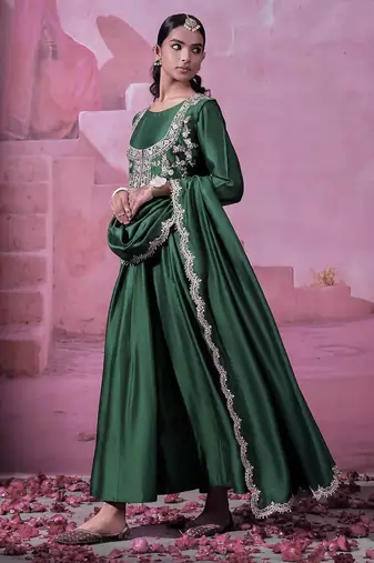 Chinon silk embroidery sequins work fullstitched gown with koti and dupatta     elegant ethnic wear set