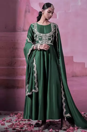 Chinon silk embroidery sequins work fullstitched gown with koti and dupatta     elegant ethnic wear set
