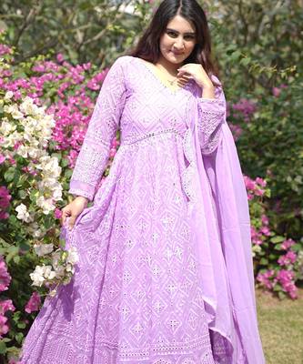 Faux blooming purple kali cut suit with sequins thread embroidery, stitched pants & dupatta set 1