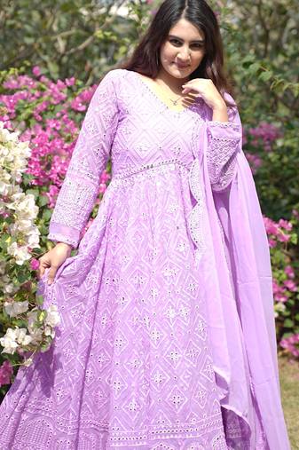 Faux blooming purple kali cut suit with sequins thread embroidery, stitched pants & dupatta set