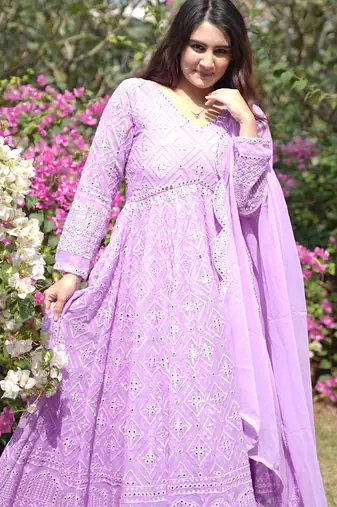 Faux blooming purple kali cut suit with sequins thread embroidery, stitched pants & dupatta set