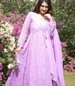 Faux blooming purple kali cut suit with sequins thread embroidery, stitched pants & dupatta set