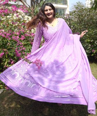 Faux blooming purple kali cut suit with sequins thread embroidery, stitched pants & dupatta set 3