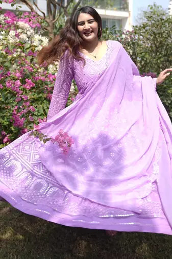 Faux blooming purple kali cut suit with sequins thread embroidery, stitched pants & dupatta set