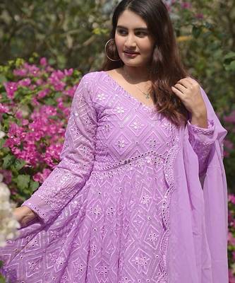 Faux blooming purple kali cut suit with sequins thread embroidery, stitched pants & dupatta set 4
