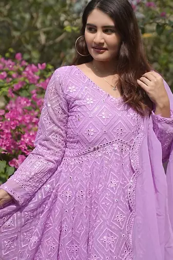 Faux blooming purple kali cut suit with sequins thread embroidery, stitched pants & dupatta set