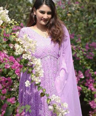 Faux blooming purple kali cut suit with sequins thread embroidery, stitched pants & dupatta set 5