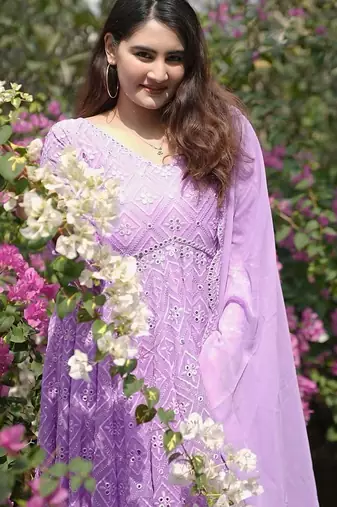 Faux blooming purple kali cut suit with sequins thread embroidery, stitched pants & dupatta set