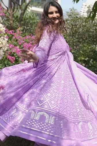 Faux blooming purple kali cut suit with sequins thread embroidery, stitched pants & dupatta set
