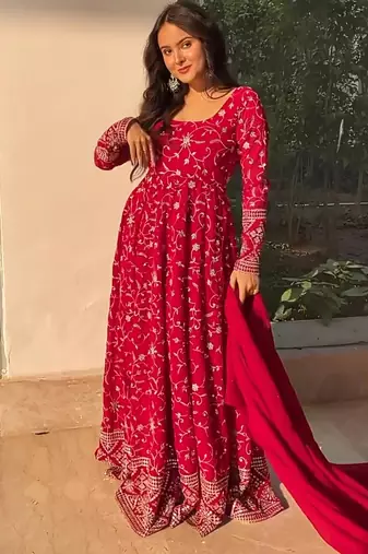 Dark pink faux blooming kali cut suit with heavy sequins thread embroidery, full stitched pant & dupatta set
