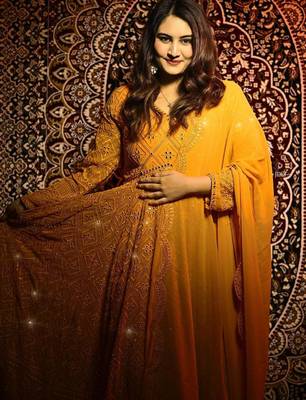 Faux blooming mustard yellow kali cut suit with sequins thread embroidery, stitched pants & dupatta set 1