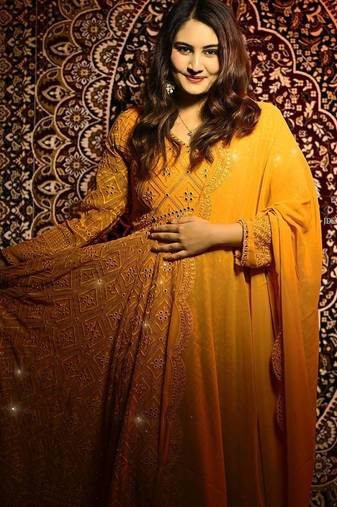 Faux blooming mustard yellow kali cut suit with sequins thread embroidery, stitched pants & dupatta set