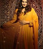 Faux blooming mustard yellow kali cut suit with sequins thread embroidery, stitched pants & dupatta set