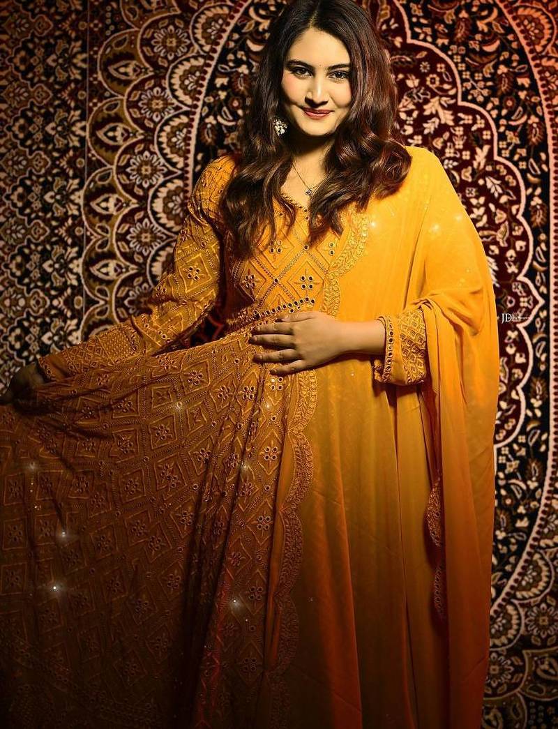 Faux blooming mustard yellow kali cut suit with sequins thread embroidery, stitched pants & dupatta set