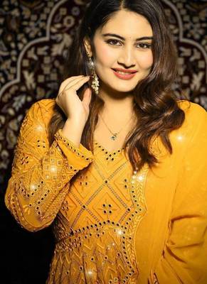 Faux blooming mustard yellow kali cut suit with sequins thread embroidery, stitched pants & dupatta set 3