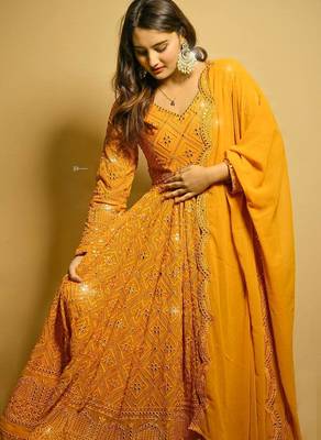 Faux blooming mustard yellow kali cut suit with sequins thread embroidery, stitched pants & dupatta set 4