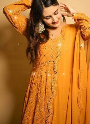 Faux blooming mustard yellow kali cut suit with sequins thread embroidery, stitched pants & dupatta set 5