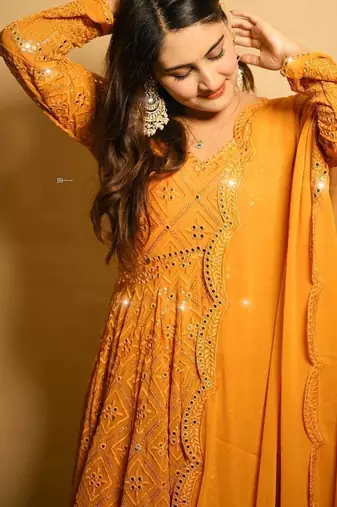 Faux blooming mustard yellow kali cut suit with sequins thread embroidery, stitched pants & dupatta set