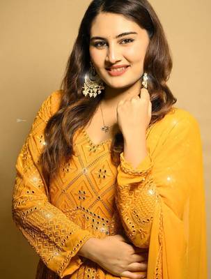 Faux blooming mustard yellow kali cut suit with sequins thread embroidery, stitched pants & dupatta set 6