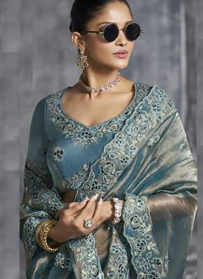Turquoise silk embroidered wedding wear saree 2