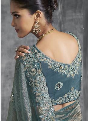 Turquoise silk embroidered wedding wear saree 3
