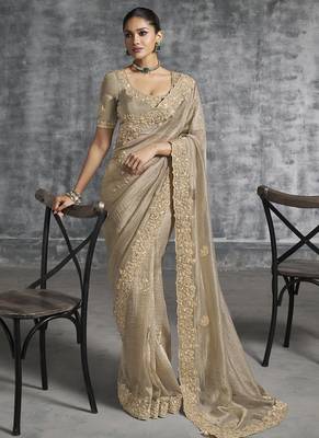 Beigesilk embroidered wedding wear saree 1