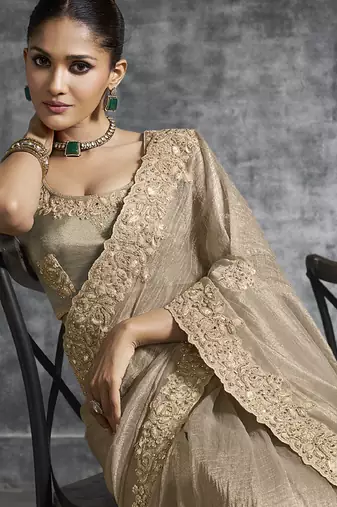 Beigesilk embroidered wedding wear saree