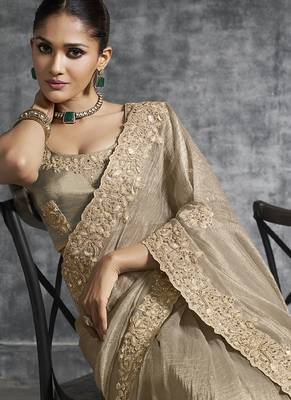 Beigesilk embroidered wedding wear saree 3