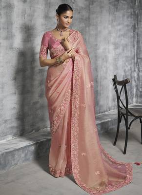 Peach silk embroidered wedding wear saree 1