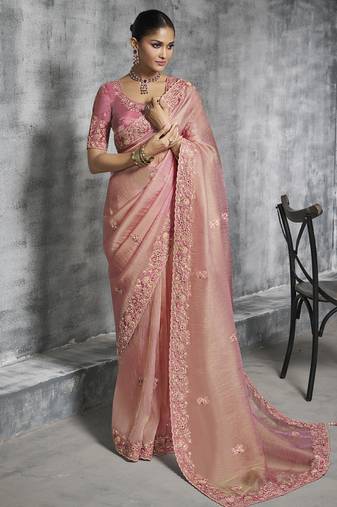 Peach silk embroidered wedding wear saree