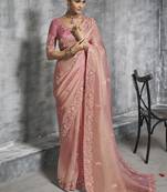 Peach silk embroidered wedding wear saree