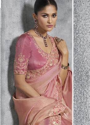 Peach silk embroidered wedding wear saree 2