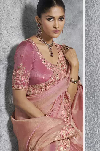 Peach silk embroidered wedding wear saree