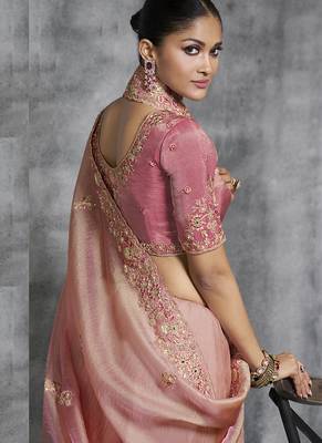 Peach silk embroidered wedding wear saree 3