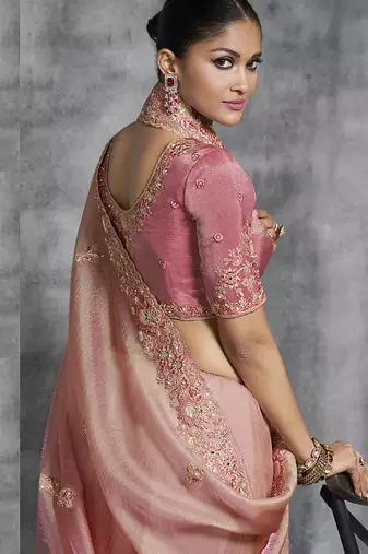 Peach silk embroidered wedding wear saree