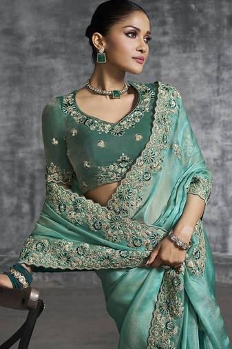 turquisesilk embroidered wedding wear saree