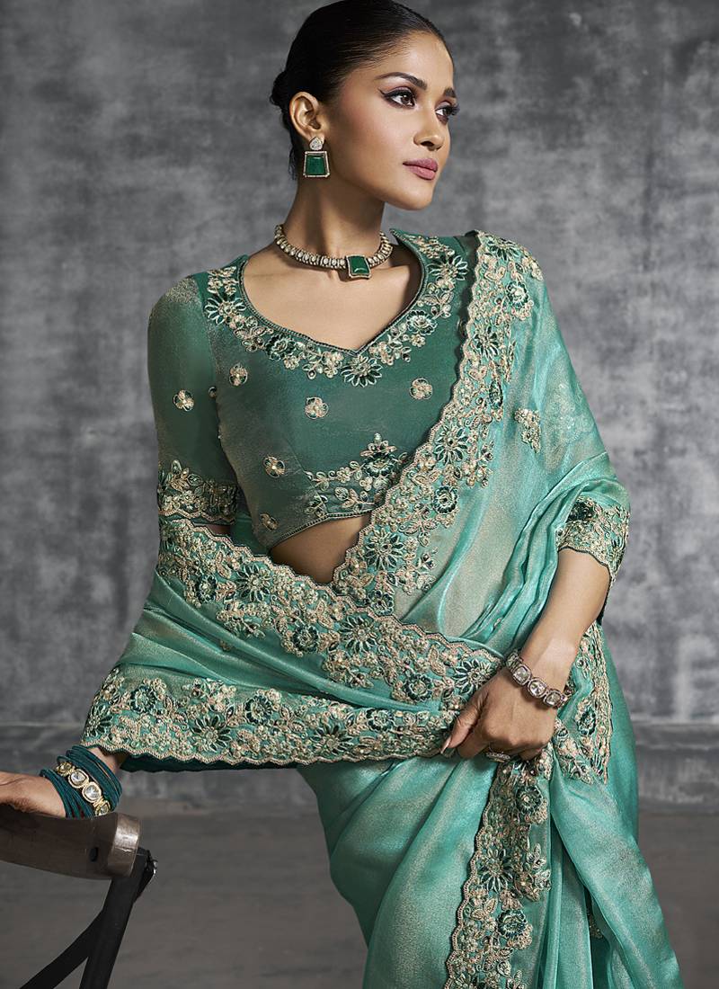 turquisesilk embroidered wedding wear saree
