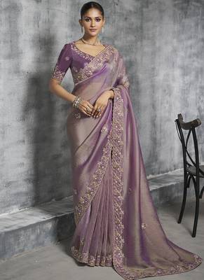 Lavender silk embroidered wedding wear saree 1