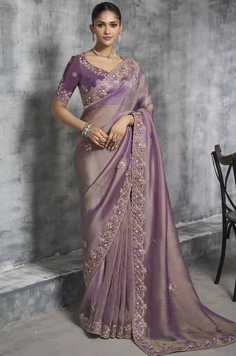 Lavender  silk embroidered wedding wear saree
