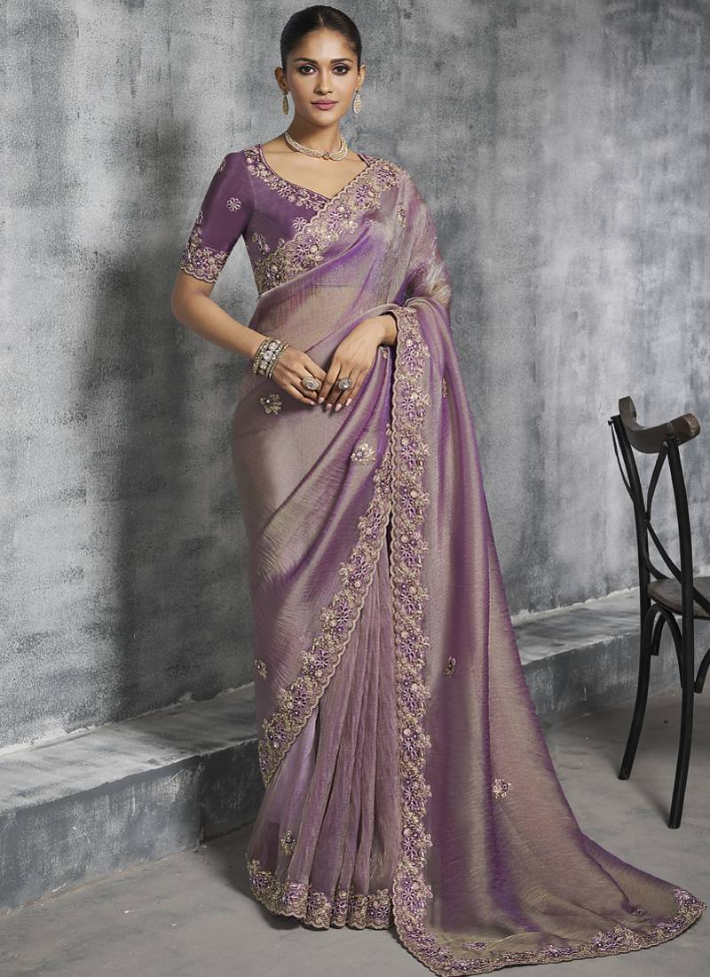 Lavender  silk embroidered wedding wear saree