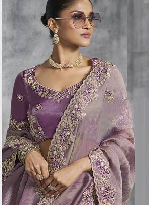 Lavender silk embroidered wedding wear saree 2