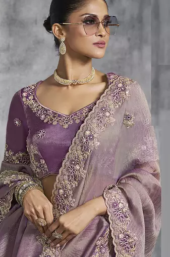 Lavender silk embroidered wedding wear saree