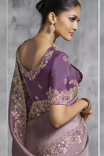 Lavender silk embroidered wedding wear saree