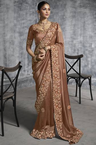 brown embroidered wedding wear saree