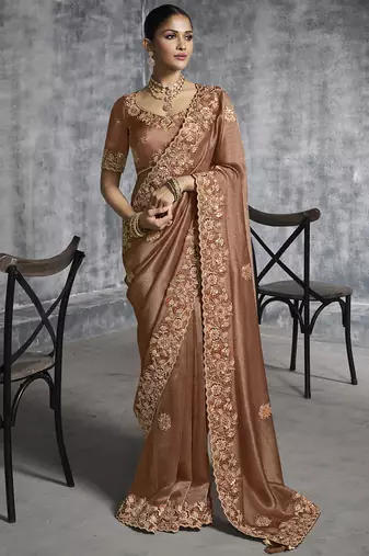 brown embroidered wedding wear saree